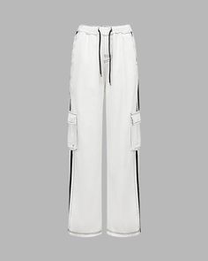 Details: White cargo pants with front drawstring and pockets designBottom Length: LongMaterials:75% Cotton + 25% Polyester White Cargo Pants, Pockets Design, Hair Wear, Stretchy Material, Cargo Pants, Parachute Pants, Angel, Bts, Fashion Outfits