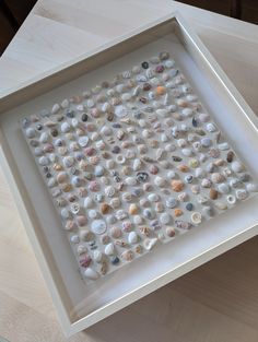 there is a white tray with shells in it