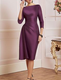 Purple Long Sleeve Dress For Mother Of The Bride, Purple Long Sleeve Mother Of The Bride Dress, Elegant 3/4 Sleeve Dress For Wedding Guest, Elegant Purple Wedding Guest Gown, Elegant Fitted Gown With 3/4 Sleeves, Wedding Dresses With Fitted Bodice And 3/4 Sleeves, Fitted Bodice Dress With 3/4 Sleeves For Wedding, Elegant Half Sleeve Dresses For Banquets, Satin Long Sleeve Dresses For Mother Of The Bride