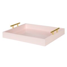 a pink tray with two gold handles on the bottom and one in the middle that is empty