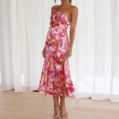 Women's Fashion Sexy Print Slant Neck Strapless Strap Casual Midi Dress Spring Backless One-shoulder Dress For Night Out, One-shoulder Backless Dress For Night Out In Spring, One Shoulder Backless Dress For Spring Night Out, Strapless Backless Dress For Spring Cocktail, Spring Strapless Backless Cocktail Dress, Spring One-shoulder Backless Dress For Night Out, Chic One-shoulder Backless Dress For Summer, One Shoulder Backless Cocktail Dress For Summer, One Shoulder Backless Evening Dress For Summer