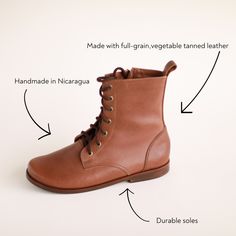 TIERRA A blend of timeless design and artisanal craftsmanship. Made with our full-grain vegetable tanned leather, these boots offer a luxurious feel and enduring quality. These include a side zipper that ensures effortless on-and-off functionality. Please note: Shoes are your hardest working accessory and scuffing and wear are inevitable. Don’t forget to add our favorite leather care products to your cart to restore your leather and keep it looking great. You can find them here. Brown Leather Lined Round Toe Lace-up Boots, Abrasion-resistant Leather Waterproof Boots With Round Toe, Brown Oiled Leather Waterproof Lace-up Boots, Classic Brown Oiled Leather Lace-up Boots, Brown Oiled Leather Lace-up Boots With Round Toe, Soft Sole Baby Shoes, Leather Boots Women, Leather Hide, Leather Conditioner