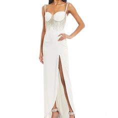 White And Silver Gown Brand New With Tags White Sleeveless Party Gown, White Gown With Sweetheart Neckline For Evening, White Prom Season Dress, Elegant White Gown With Sweetheart Neckline, White Sleeveless Gala Dress, White Maxi Dress With Sweetheart Neckline For Evening, Elegant Sleeveless White Gown, White Evening Dress For Prom Season, White Glamorous Maxi Dress With Fitted Bodice