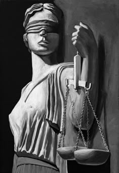 a black and white drawing of a lady justice statue with blindfolded hands holding a scale