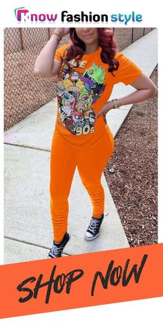 Orange Fashion Cartoon Printed T-shirt Sports Set Spring Sports T-shirt With Graphic Print, Athleisure Short Sleeve T-shirt For Leisure, Athleisure Stretch T-shirt With Letter Print, Athleisure Tops With Graphic Print And Short Sleeves, Spring Athleisure Stretch T-shirt, Fitted Short Sleeve Tops For Leisure, Summer Activewear With Letter Print And Short Sleeves, Summer Short Sleeve Activewear With Letter Print, Orange Athleisure Tops For Sports