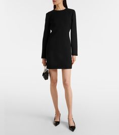 Wool crêpe minidress in black - Gucci | Mytheresa Designer Mini Dress For Evening, Chic Wool Party Dress, Classic Mini Dress For Evening, Classic Mini Evening Dress, Fall Evening Mini Dress With Structured Shoulders, Cocktail Mini Dress With Structured Shoulders For Fall, Designer Knee-length Mini Dress For Work, Black Wool Dress For Formal Occasions, Chic Gucci Dress For Night Out