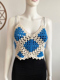 Halter top, bohemian crochet halter crop, festival boho top %100 handmade from %100 cotton yarn from me. The halter top is very useful to wear with skirt, jeans.  Color: blue and cream Size  Chest 80-85 cm - 31 inch Waist 75-80 cm- 28 inch lenght 42 cm - 16 inch  Washing gentle.. Thank you! oooooooooooooooooo Denim Crochet, Bohemian Crochet, Skirt Jeans, Womens Halter Tops, Crochet Halter, Halter Tops, Boho Top, Jeans Color, Boho Tops