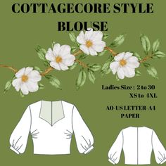 the front and back of a blouse with white flowers on it, along with text that reads cottage style blouse ladies size 20 - 30 xs to 1 / 4