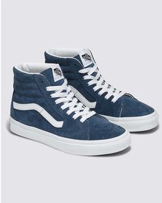 vintage indigo suede pigskin sk8-hi sneakers with the iconic white stripe Hi Top Vans, Skate Shoe, Vintage Indigo, High Top Vans, Ankle Support, Sk8 Hi, Side Stripe, Old Skool, Skate Shoes