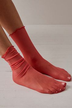 Simple and subtle, these dainty tulle socks add a sweet sheer detail to your favorite shoes. **Fit:** Crew length; S/P fits shoe sizes 5-7 US, M/L fits shoe sizes 8-10 US **Features:** Mesh fabrication, seamed toe, subtle ruffle trim **Why We | Tulle Crew Socks by Only Hearts at Free People in Orange, Size: M/L Tulle Socks, Orange Fits, Only Hearts, Pink Moon, Colorful Socks, Sock Shop, Ruffle Trim, Boho Outfits, Wedding Outfit