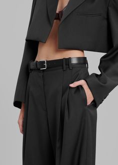 Color: BlackClassic woven suiting fabricRelaxed wide leg fitHigh riseBelt loopsFront pleat detailingTraveler's creaseSide seam pocketsIllusion welted back pocketsHook and bar closureZip flyUnlined70% Polyester 30% WoolDry CleanImported Sleek Wide Leg Pants With Belt Loops For Evening, Sleek Wide Leg Pants For Evening With Belt Loops, Formal Wide Leg Pants With Belt Loops, Sleek Business Bottoms With Belt Loops, Modern Black Wide Leg Pants With Belt Loops, Wide Leg Pants With Belt For Work, Elegant Wide-leg Pants With Belt Detail, Classic Fitted Bottoms With Belt Detail, Belted Wide Leg Pants For Formal Fall Occasions