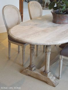 a table with two chairs and a potted plant