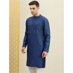 Blue Cotton Bandhgala With Zari Work, Traditional Fit Long Sleeve Kurta With Dabka, Blue Cotton Bandhgala Straight Kurta, Blue Cotton Bandhgala For Eid, Embroidered Cotton Bandhgala In Blue, Festive Blue Cotton Bandhgala, Embroidered Blue Cotton Bandhgala, Blue Naqshi Straight Kurta Traditional Wear, Blue Cotton Sherwani With Dabka Work