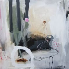 an abstract painting with black, white and pink colors