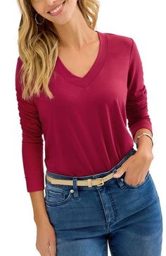 Made from soft, sustainably produced fibers, this T-shirt features long sleeves and a V-neck that make it a casual closet staple. 25" length   V-neck   Long sleeves   67% Tencel® modal, 28% polyester, 5% spandex   Tencel modal is a sustainably produced fiber made with closed-loop processing and is certified with the EU Ecolabel as having a low environmental impact throughout the entire lifecycle   Machine wash, tumble dry   Imported Casual Solid Color V-neck Long Sleeve Top, Long Sleeve Cotton V-neck Top For Fall, Fall Long Sleeve V-neck Top, Solid Color V-neck Long Sleeve Top, Casual Long Sleeve Stretch V-neck Top, Casual Solid V-neck Long Sleeve Top, Casual Stretch V-neck Top With Long Sleeves, Solid V-neck Long Sleeve Top Casual, Stretch V-neck T-shirt For Fall