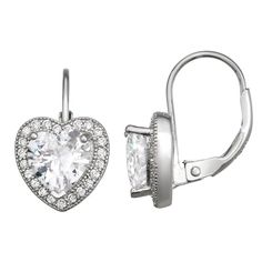 Dress to dazzle when you wear a pair of these Contessa Di Capri cubic zirconia heart leverback earrings. Dress to dazzle when you wear a pair of these Contessa Di Capri cubic zirconia heart leverback earrings. Drop length: 0.5 in. Length: 18 mm Closures: leverback Nickel free Metal: sterling silver Plating: rhodium Finish: polished Packaging: boxedSTONE DETAILS Stone type: cubic zirconia Total weight: 4 3/4 ct. Center stone weight: 4 ct. Center stone size: 6.5 mm Shape: heart, round Setting: mic Heart Cut Cubic Zirconia Earrings With Diamond Accents, Classic Heart Shaped Earrings With Diamond Accents, Classic Heart Earrings With Diamond Accents In Cubic Zirconia, Formal Heart Cut Cubic Zirconia Earrings, Formal Heart-shaped Cubic Zirconia Diamond Earrings, Elegant Heart Pendant Earrings In Cubic Zirconia, Cubic Zirconia Heart Cut Earrings, Formal Heart Earrings With Diamond Accents And Cubic Zirconia, Heart Shaped Cubic Zirconia Diamond Earrings For Formal