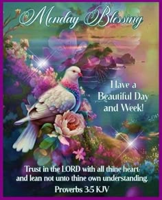 a card with a bird and flowers on it, says monday blessing i have a beautiful day