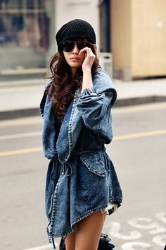 Chic Hooded Double Pockets Denim Jacket Hooded Jean Jackets, Jeans And Hoodie, Long Denim Jacket, Drawstring Jacket, Denim Jacket Fashion, Denim Trench Coat, Hooded Denim Jacket, Long Coat Women, Jean Jacket Women