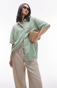 Topshop Stripe Oversize Short Sleeve Button-Up Shirt | Nordstrom Summer Oversized Outfits, Oversized Outfits, Gap Style, Italy Fits, Short Sleeve Linen Shirt, Weekend Outfits, Kings Canyon, Winter Party Dress, Green Beige