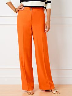 Soft fabric elevates the chic look of these flattering wide leg pants. Tailored with a perfect drape and a figure-boosting high waist. A statement piece for any season. Features Flat Front/Trouser Wide Leg Hits Above Waist Full Length Fly front with button closure Front slash, Back welt pockets Imported Fit: Misses: 31 1/2"; Petite: 29"; Plus: 31 1/2"; Plus Petite: 29" Material: 48% Tencel ™ Lyocell, 30% Linen, 22% Cotton Care: Machine Wash Cold; Only Non-Chlorine Bleach When Needed; Or Dry Clean; Line Dry; Warm Iron With Steam If Needed | Talbots Greenwich Pants Classic Wide Leg Pull-on Bottoms, Versatile Wide-leg Pull-on Bottoms, Vintage Talbots Catalog, Versatile Wide Leg Pull-on Pants, Talbots Spring 2024 Preview, Talbots Summer, Talbots Outfits, Summer Pants, Classic Style Women