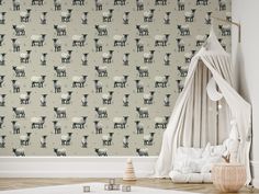 Mary Wallpaper In Nursery Room With White Tent & Wooden Toys Olive Green Backdrop, Sheep In A Field, Mary Wallpaper, Standing In A Field, Kids Bedroom Wallpaper, Whimsical Wallpaper, Washable Wallpaper, Field Wallpaper, Minimal Vintage