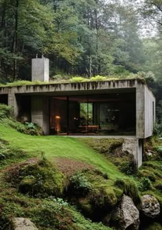 the house is surrounded by lush green grass and rocky terrain, with trees in the background