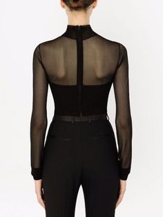 Shop Dolce & Gabbana sheer-panel knitted top with Express Delivery - FARFETCH Black Chiffon Blouse, Black Bustier, High Neck Long Sleeve, Confident Woman, Hem Style, Bustier Top, Sheer Blouse, Black Crop Tops, Cropped Sweater