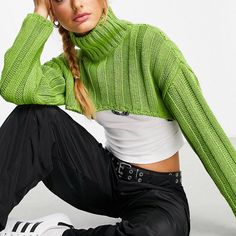 Never Worn Super Crop Rib Sweater With Roll Neck In Green Perfect For Layering Green Cropped Sweater For Winter, Green Fitted Cropped Sweater For Winter, Fitted Green Cropped Sweater For Winter, Green Cropped Sweater For Fall, Crop Knit Sweater, Rib Sweater, Cropped Knit Sweater, Roll Neck Sweater, Roll Neck