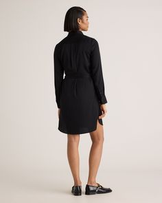 Our silk shirt dress is sleek, streamlined, and pulled together with an effortless tie at the waist. It has button cuffs and hidden button fron details. Versatile style for day to night, meetings to drinks—and washable to top it off. Plus, silk fiber contains 18 kinds of amino acids that make it amazing for skin nourishment, hypo-allergenic, and naturally thermoregulating to help maintain body temperature.  | Quince | Women's 100% Washable Silk Stretch Shirt Dress in Black, Size Medium Silk Fiber, Silk Shirt Dress, Body Temperature, Silk Shirt, Versatile Style, Quince, Amino Acids, Low Price, Shirt Dress