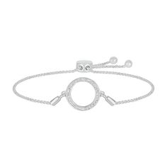 Perfect for everyday wear, this bolo bracelet is a chic choice. Created in sterling silver, this look features a circle outline shimmering with a pair of diamond accents and beaded details. Polished to a bright shine, this wheat chain bracelet adjusts up to 9.5 inches in length and secures with a bolo clasp and ball ends. Modern Diamond Bracelet With Adjustable Chain, Adjustable White Gold Chain Bracelet, Adjustable Everyday Bracelets With Diamond Accents, Adjustable Bracelets With Diamond Accents For Everyday, Adjustable Round Jewelry With Diamond Accents, Adjustable Sterling Silver Diamond Bracelet For Everyday, Adjustable Diamond Bracelet For Everyday Wear, Silver Jewelry With Sliding Knot For Everyday, Everyday Silver Jewelry With Sliding Knot