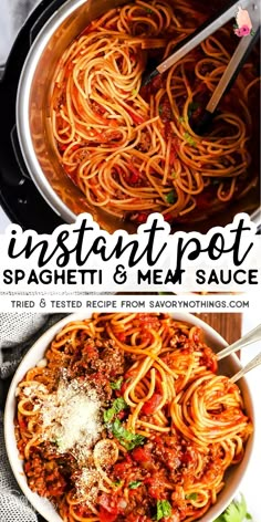 instant pot spaghetti and meat sauce in a white bowl with the title overlay that reads instant pot spaghetti and meat sauce