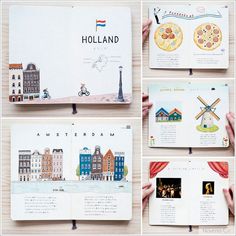 an open book with pictures of buildings and windmills on the pages in different languages