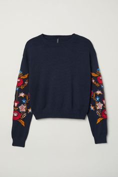 Fine-knit sweater in a soft cotton blend with dropped shoulders  long  embroidered sleeves  and ribbing at neckline  cuffs  and hem. Sweater With Embroidery, Dark Blue Flowers, Fine Knit Sweater, Embroidery On Clothes, Embroidered Clothes, Embroidered Sweater, Embroidery Fashion, Embroidery Ideas, Flower Embroidery