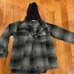 *Nwot* Flannel Shacket With Hood Trendy Oversized Fit So Cute With A Pair Of Jeans Or Leggings Black Flannel Button-up Outerwear, Casual Black Flannel Outerwear, Black Shacket For Streetwear In Winter, Black Winter Shacket For Streetwear, Black Flannel Long Sleeve Outerwear, Black Long Sleeve Flannel Outerwear, Black Shacket For Streetwear In Fall, Black Shacket For Fall Streetwear, Trendy Winter Flannel Outerwear