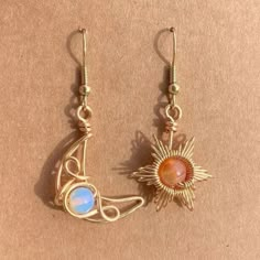 New! Bohemian Wire Wrapped Moon Glow And Peach Fizz Stones Moon Sun Earrings Stone Wire Jewelry, Moon Inspired Jewelry, Wrapping Wire Around Stones, Cute Country Jewelry, Fairy Inspired Jewelry, Wire Wrapped Bead Earrings, Fantasy Wire Jewelry, Cute Wire Jewelry, Wire Wrap Heart Stone