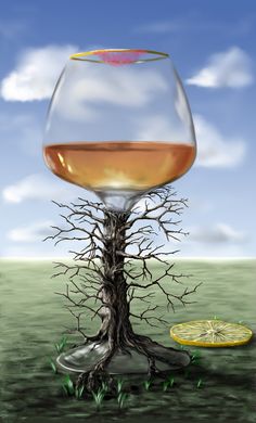 a painting of a wine glass with a tree in it and an orange slice on the ground