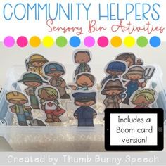 a box filled with lots of different kinds of stickers next to a sign that says community helpers