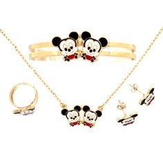 Welcome to our Little Baby Mouse Jewelry Set for Girls! This enchanting jewelry set is the perfect accessory for any young girl's wardrobe. It features a necklace, cuff bracelet, stud earrings, and ring all crafted from 10k gold-filled metal. The necklace is 16.5 inches long and the adjustable ring can be sized to fit any finger size. Each piece of jewelry is lead and nickel free, making it safe for any skin type. This set makes for a truly special gift for any occasion. The elegant design and l Yellow Gold Metal Jewelry Sets For Gift, Nickel Free Gold Plated Fine Jewelry, Nickel-free Gold Plated Fine Jewelry, Nickel-free Gold-plated Fine Jewelry, Yellow Gold Metal Jewelry For Valentine's Day, Valentine's Day Yellow Gold Metal Jewelry, Valentine's Day Yellow Gold Jewelry, Valentine's Day Adjustable Gold-plated Jewelry, Adjustable Gold-plated Jewelry For Gifts