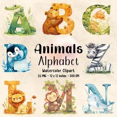 an animal alphabet is shown with animals and letters in the upper right hand corner,