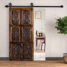 an open wooden door sitting next to a potted plant on top of a hard wood floor