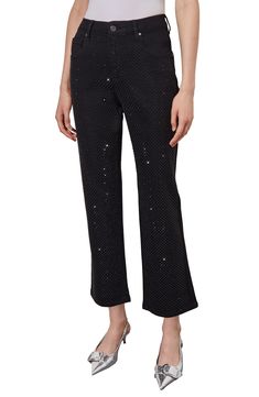 Tonal crystal accents on the front of these cropped jeans level up their ready-for-night-out vibe. 27" inseam (size X-Small) Zip fly with button closure Five-pocket style 72% cotton; 24% polyester; 3% viscose; 1% spandex Hand wash, dry flat Imported Embellished Straight Leg Bottoms For Night Out, Glamorous Evening Pants With Rhinestones, Embellished Straight Leg Evening Bottoms, Elegant Straight Leg Jeans For Night Out, Embellished Bottoms For Night Out In Fall, Fall Embellished Bottoms For Night Out, Chic Embellished Straight Leg Pants, Embellished Straight Leg Pants For Night Out, Embellished Evening Bottoms For Fall