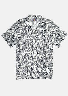 Embrace laid-back style with our men's Paparazzi Button-Up Camp Shirt. This shirt features a relaxed camp collar neckline, ideal for breezy summer days. Crafted from a lightweight woven fabric, it offers comfort and style in equal measure. Adorned with black graphics of doodled paparazzi on a white shirt, it adds a playful touch to your look. - Collared neckline Short sleeves Standard fit Button closures Lightweight feel Custom pattern Return Policy Shipping Policy White Cotton Johnny Collar Short Sleeve Shirt, White Cotton Short Sleeve Shirt With Johnny Collar, Beach Shirt With Relaxed Fit And Camp Collar, White Short Sleeve Shirt With Camp Collar For Spring, White Camp Shirt With Camp Collar For Spring, Vacation Short Sleeve Shirt With Camp Collar, Casual White Johnny Collar Short Sleeve Shirt, White Relaxed Fit Camp Shirt For Summer, White Short Sleeve Shirt With Camp Collar For Summer