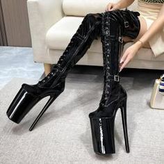 Gabriella's Glamour Thigh-Highs Black Boots Thigh High Black Boots, Dance Women, Bridal Wedding Shoes, Black Knee High Boots, Patent Shoes, Super High Heels, Black Knees, Womens Knee High Boots, Pole Dance