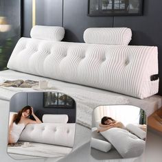 a woman laying on top of a white bed next to pillows and a book shelf