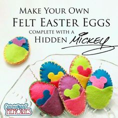 an advertisement for felt easter eggs with mickey mouses in them on a glass plate