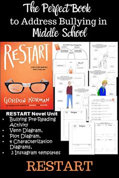 The perfect book to address bullying in middle school. This novel activity unit includes a pre-reading bullying discussion activity, Venn diagram, Plot diagram, 4 Characterization templates, & 3 Instragram templates
#restartgordankorman #restart #middleschoolnovels #tweenbullying #socialemotionlearningbooks #tweenbooks #restartnovel Background Knowledge Activities, Novel To Read, Teaching Kindness