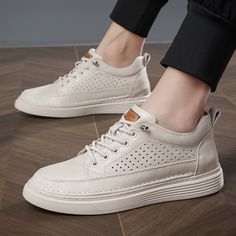 Beige Elevator Perforated Sneakers Add Height 2.4 inch / 6 cm European Hidden Heel Casual Skate Shoes Casual White Golf Shoes With Laces, White Lace-up Leather Shoes, High-top Walking Shoes With Perforated Toe Box, Leather Low-top Walking Shoes With Vented Sides, White Wingtip Lace-up Casual Shoes, Sporty Low-top Leather Shoes With Perforated Toe Box, Sporty Leather Lace-up Shoes With Perforated Toe Box, Sporty Lace-up Leather Shoes With Perforated Toe Box, Casual Low-top Golf Shoes With Perforations