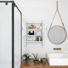 a bathroom with a sink, mirror and shelves on the wall next to each other