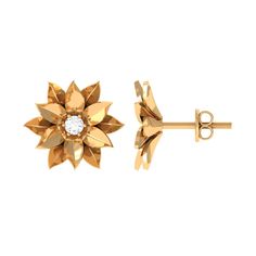 Product Details The Gold Petal Floral Stud Earring is a gorgeous piece of jewelry featuring a round cut diamond in a 6 prong setting. This elegant earring has a gold leaf design and a secure screw back closure. It makes a perfect gift for any woman who loves to accessorize with beautiful jewelry. The intricate design of the petals and leaves adds a touch of nature to these sophisticated stud earrings. With its high-quality materials and stunning design, the Gold Petal Floral Stud Earring is sure Gold Leaf Design, Floral Studs, Flower Stud Earrings, Flower Stud, Signature Jewelry, Flower Tops, Diamond Gold, Gold Flower, Timeless Jewelry