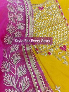 Item Overview ATHARVA Hand Embroidery Salwar Kameez/Yellow Chanderi Silk/Hot Pink Chiffon Chinnon Dupatta/Custom Stitch Unstitch/Churridar/Anarkali Dno. CH1699 Fabric: * Shirt - Yellow Chanderi Silk- Hand Embroidered Neck 2.5 Mts - Beautiful Hand Embroidery * Dupatta: Chiffon Chinnon Dupatta- All over Gota Patti Embroidery - 2.5 Mts- Latkans Tassels * Bottom Santoon Silk 2.5 Mts. Excusive Hand Embroidered Party Wear Punjabi Suit. Customization: * Fabrics Customization: Designs Can be made in dif Punjabi Dupatta, Patiala Salwar Kameez, Embroidery Dupatta, Patiala Salwar, Embroidered Pants, Punjabi Suit, Pink Chiffon, Pink Suit, Punjabi Suits